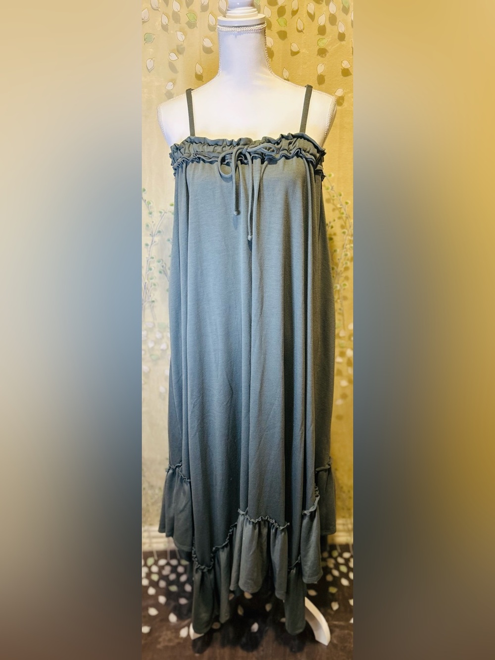Three Bird Nest Wild Bay Slate Blue Boho Ruffle Cami Maxi Dress Sz S Lagenlook